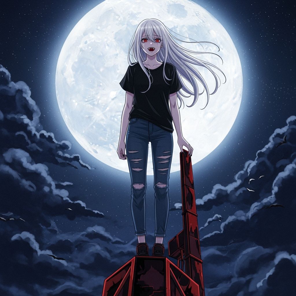 Anime Vampire Girl Gazing at the Moon