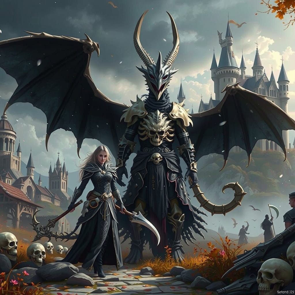 Ethereal Warrior Fights Beside Majestic Bone Dragon in a Whi...