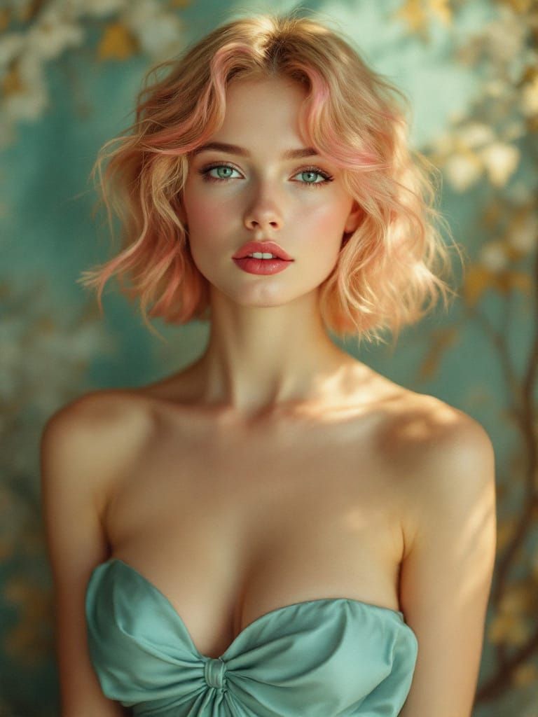 Pin-Up Woman in Cyan Dress with Natural Luminosity