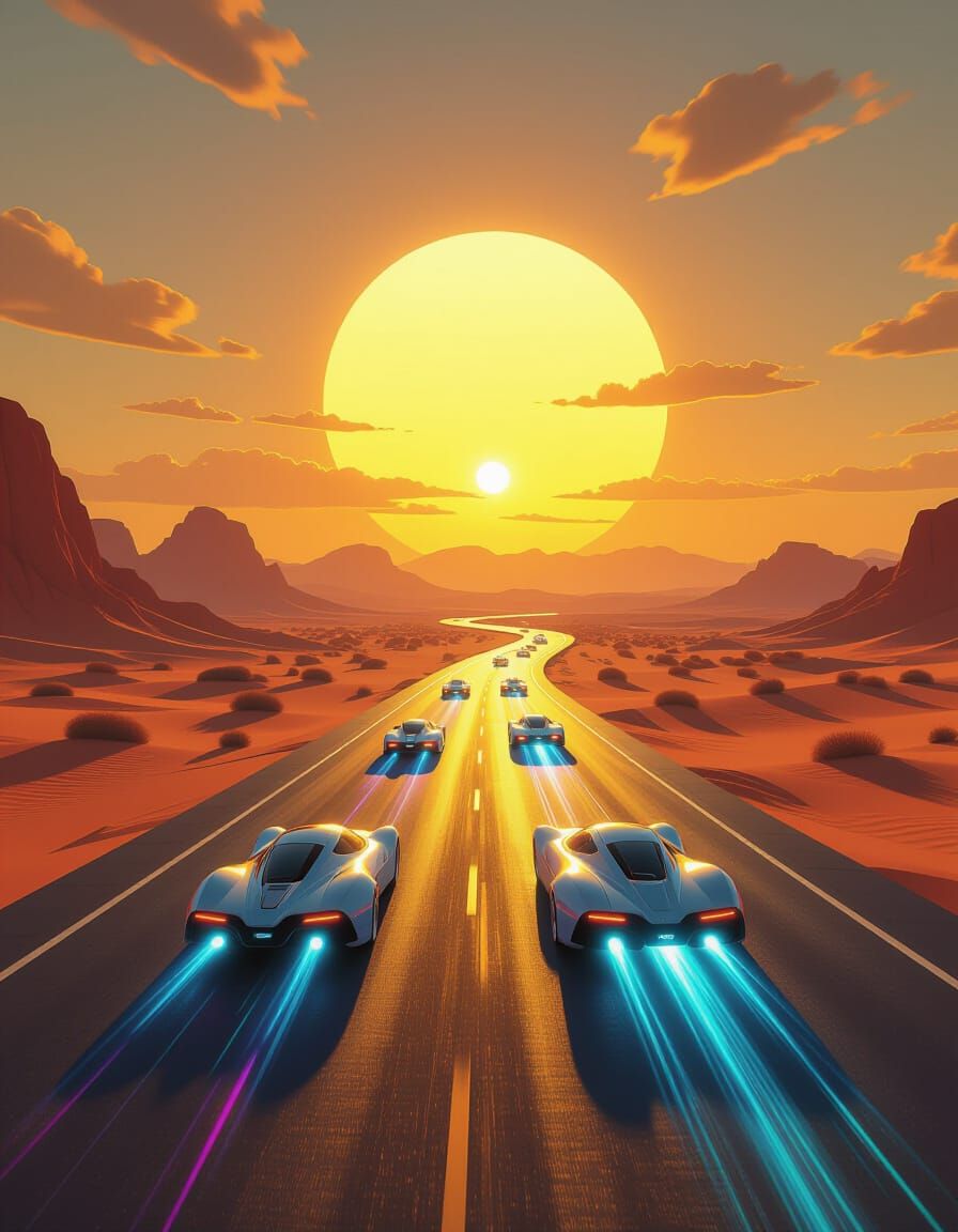 Futuristic Hover Cars Race on Desert Planet Highway
