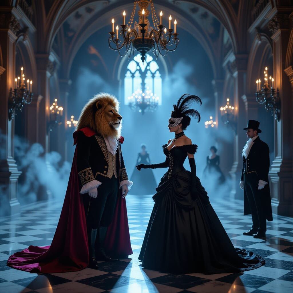 Eerie Animal Masquerade in Decaying Haunted Ballroom