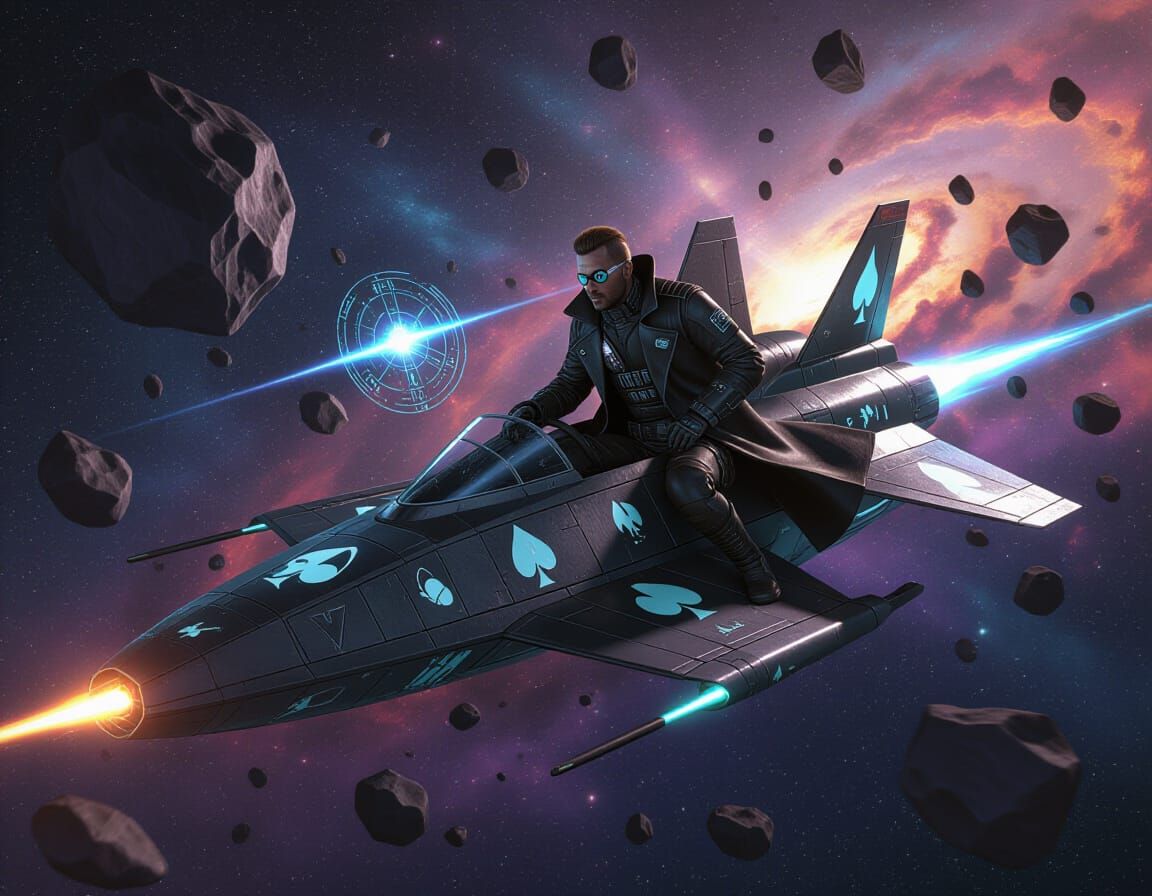 Jack of Spades Bounty Hunter Dodging Asteroids in Space Oper...