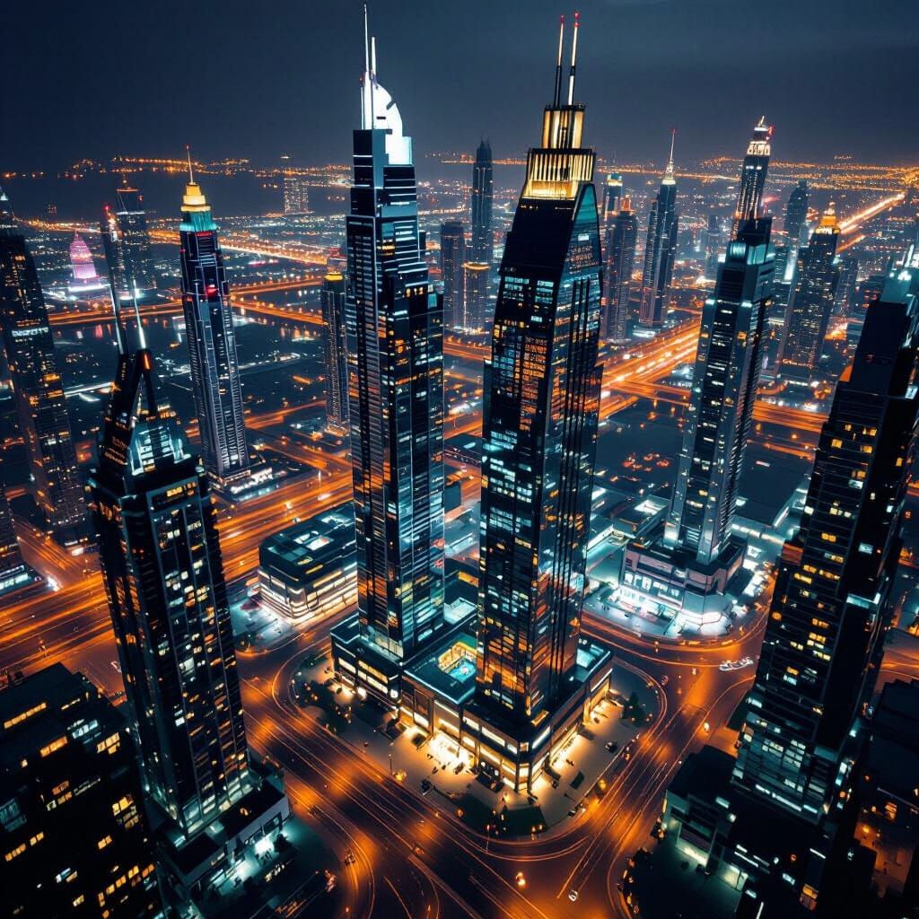Dubai Nightscape: Dazzling Lights on Mirrored Skyscrapers
