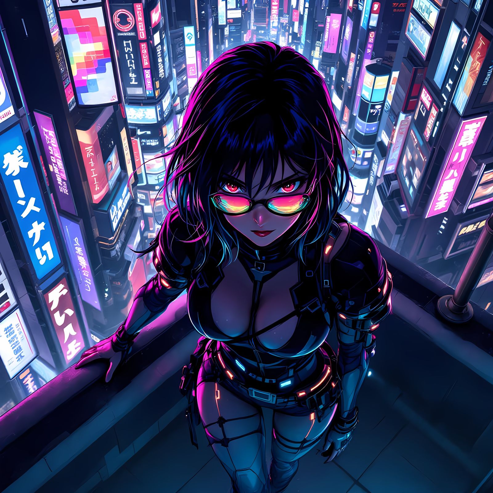 Cyberpunk Tsubasa Hanekawa Overlooking Neon City