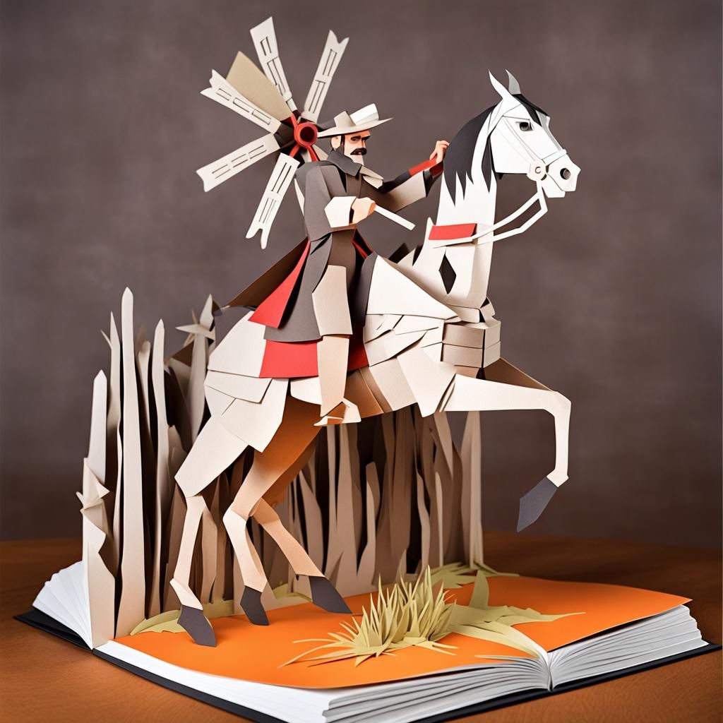 Don Quixote and Windmill in Papercraft Style