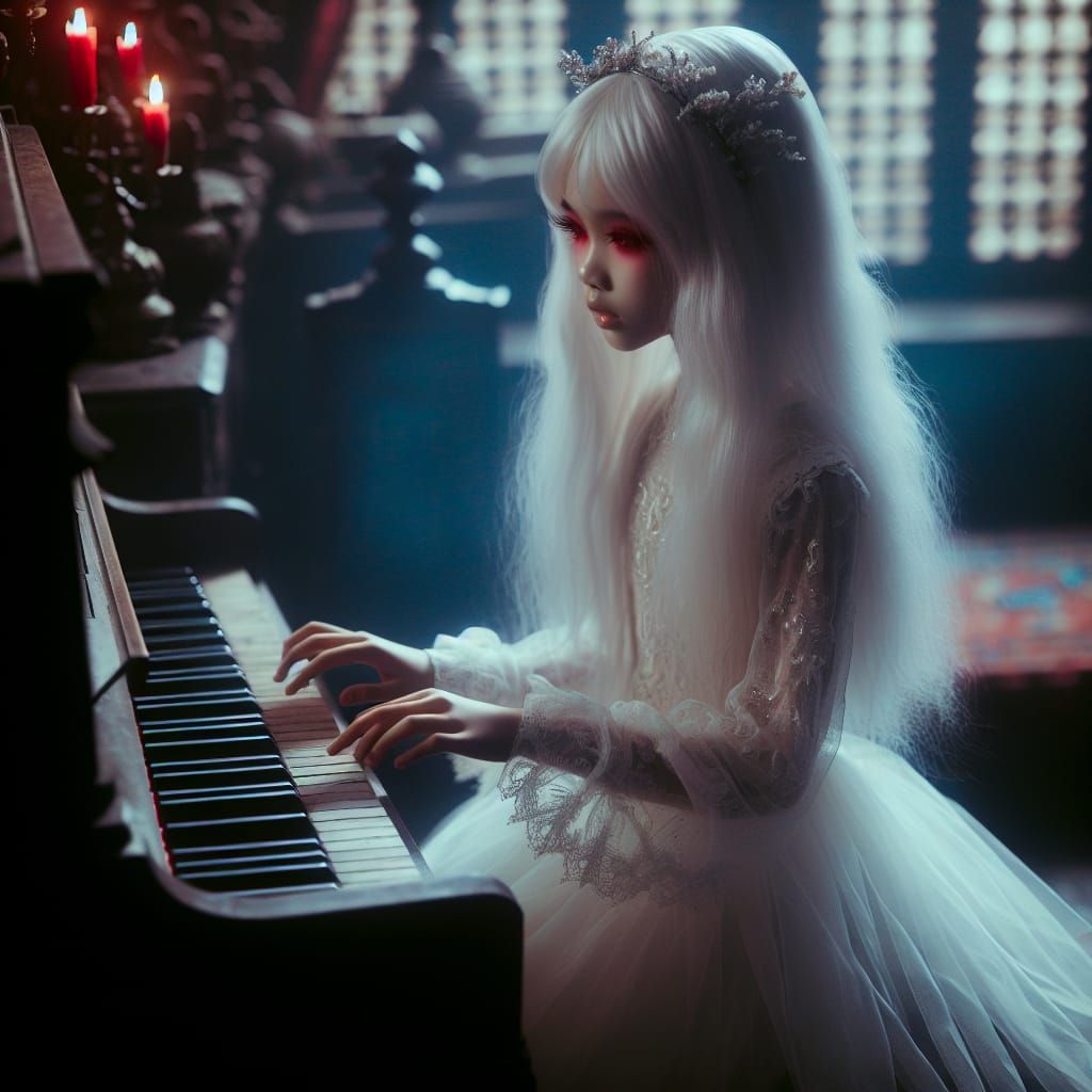 Ethereal Ghost Lady at Piano in Haunted Room