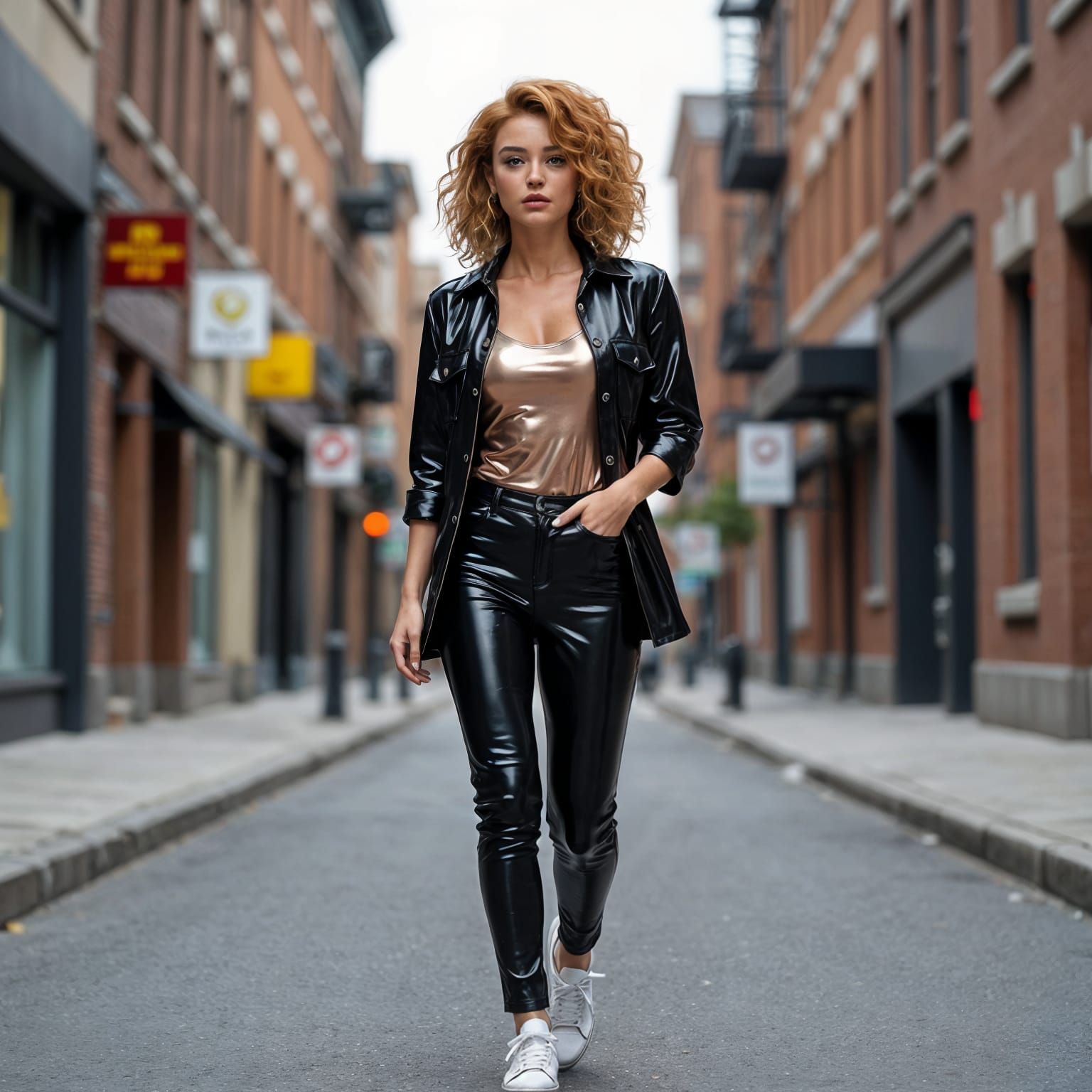 Woman in Shiny Latex Outfit on City Street