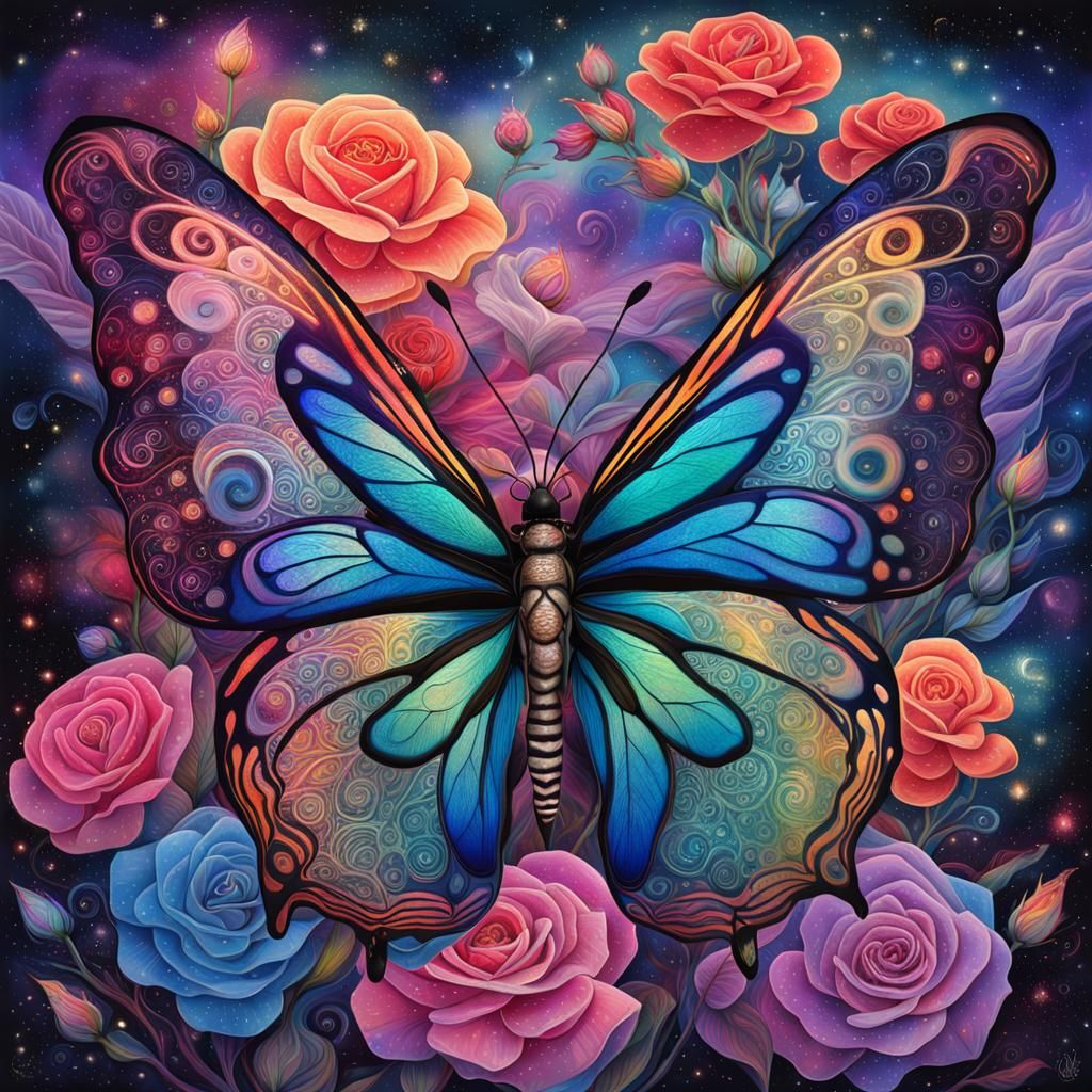 Iridescent Butterfly on Rose in Cosmic Dreamscape