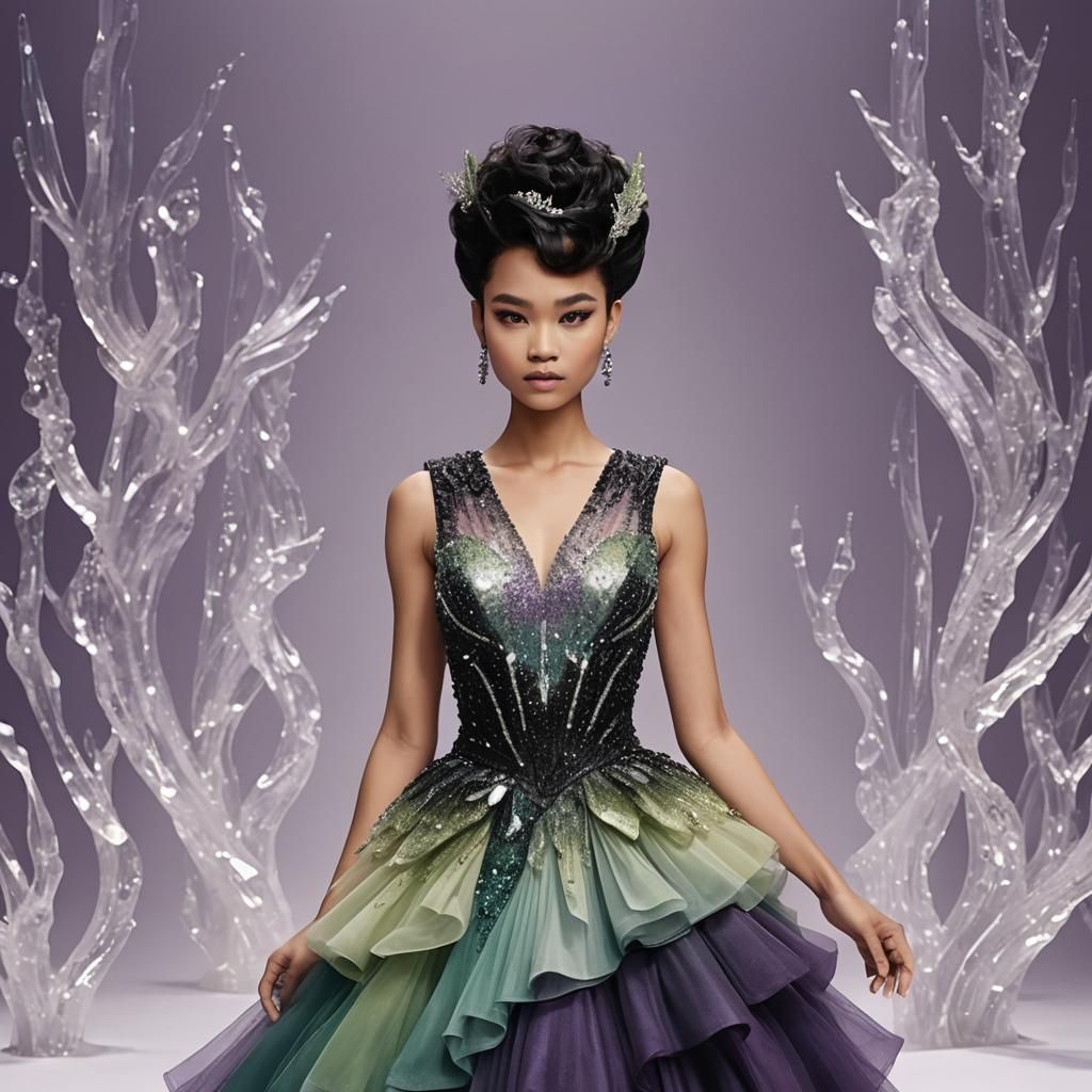 Woman in Crystal Stalactite Dress in Ballroom