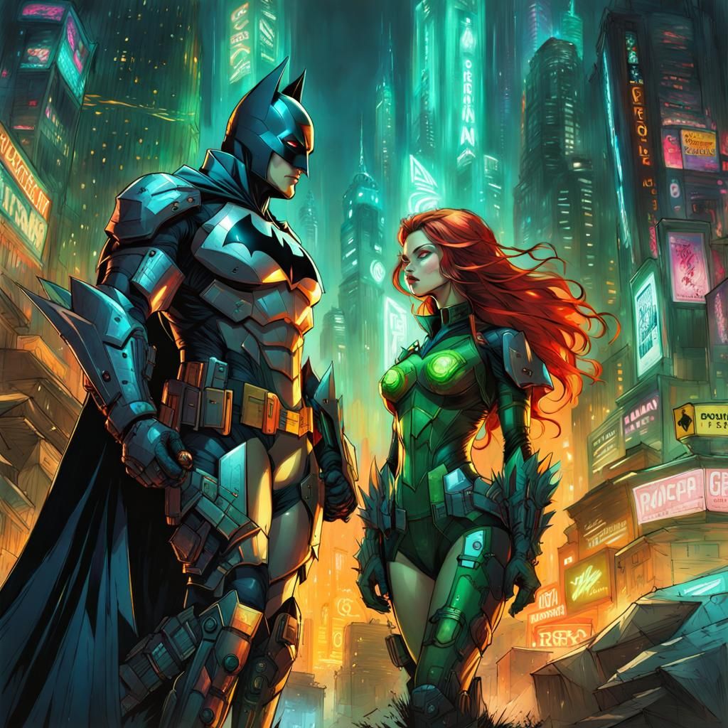 Batman and Poison Ivy in Cyberpunk Armor