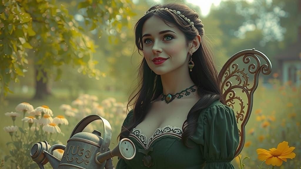 Victorian Fairy in Manor Garden with Flowers