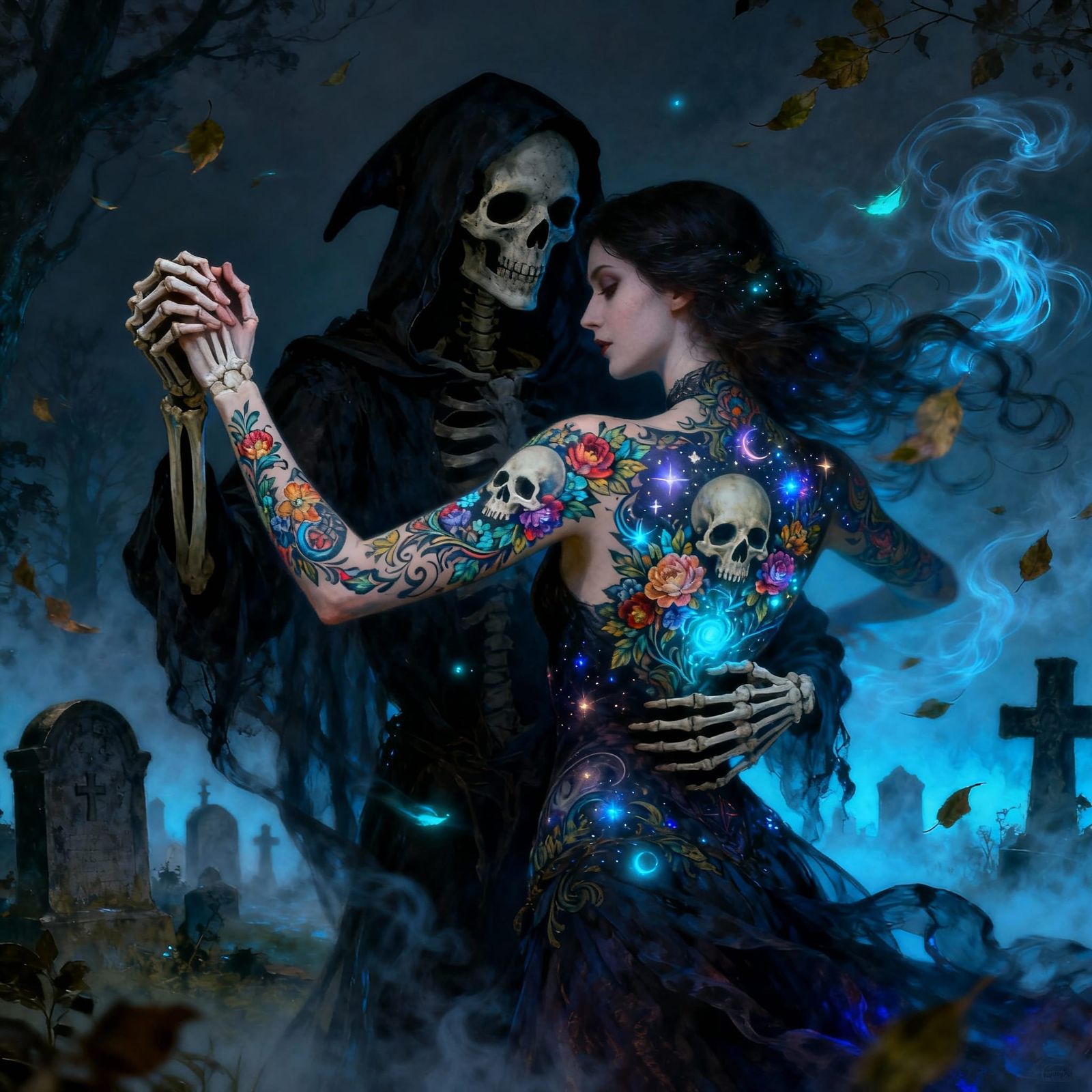 Gothic Romance: Grim Reaper Dances in Misty Graveyard