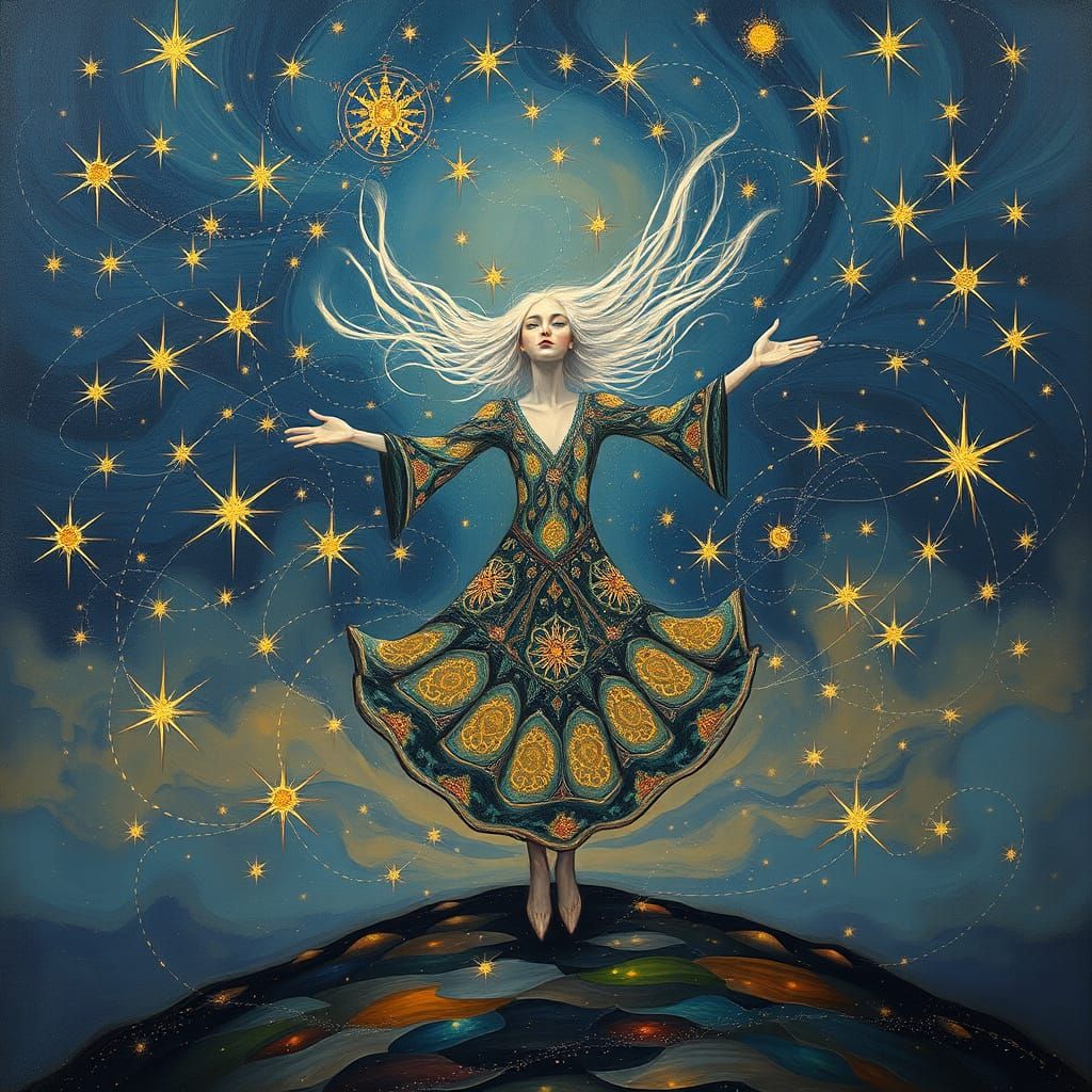 Surreal Figure Conducts Cosmic Ballet in Dreamlike Starscape