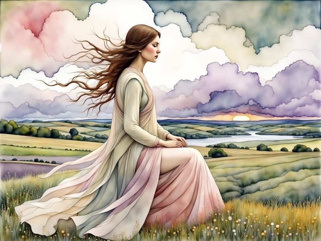 Summer Landscape with Woman in Watercolor Style