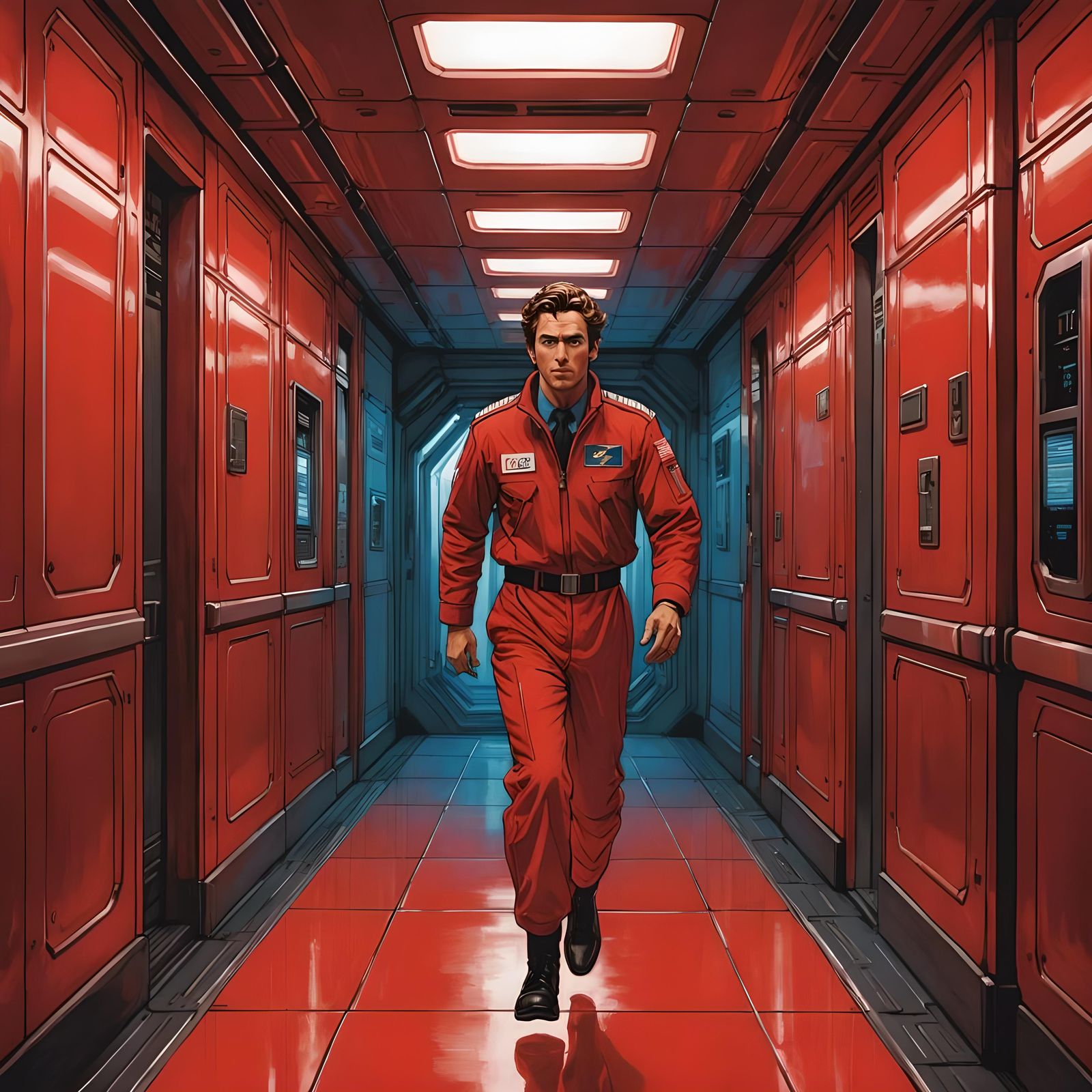 Pilot in Red Suit Runs Through Spaceship Corridor
