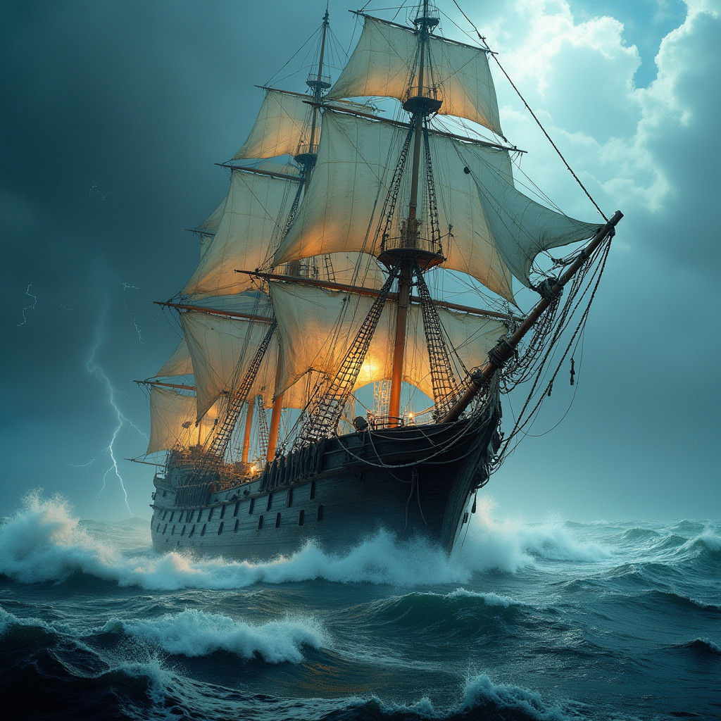 Pirate Ship Amidst Stormy Seas in Film Noir Style