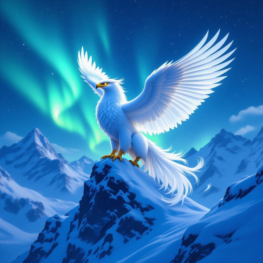 Griffin Perched on Snowy Peaks Under Aurora