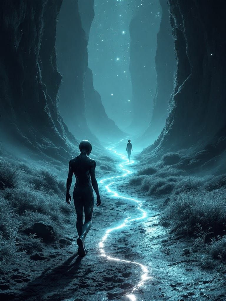 Ethereal Figures Walk Shimmering Trail to Nowhere