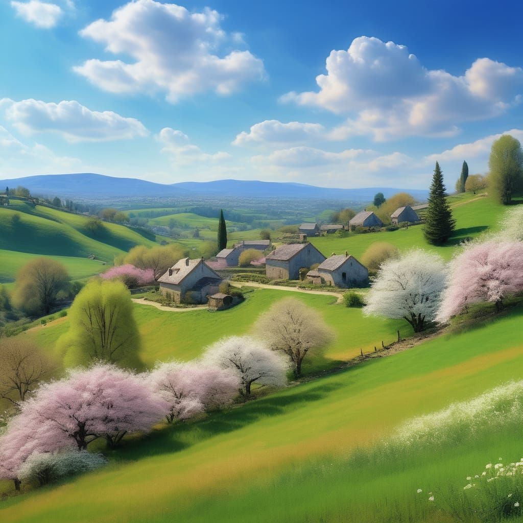 Idyllic Village Scene in Impressionist Style