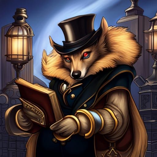 Armored Steampunk Aardwolf Reading in Library