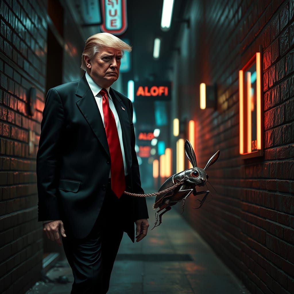 Cyberpunk Figure Walks Leashed Creature Down Neon Alley