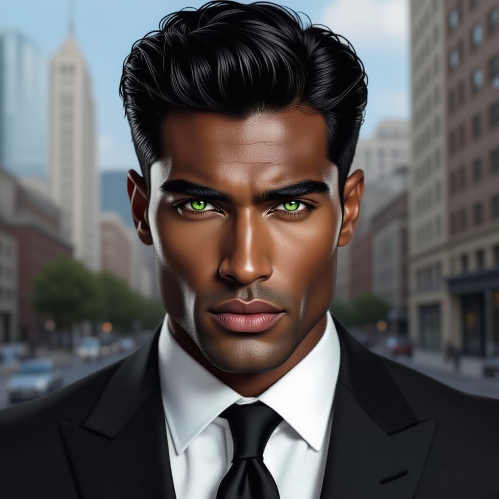 Distinguished Black Man with Emerald Eyes in Sharp Suit