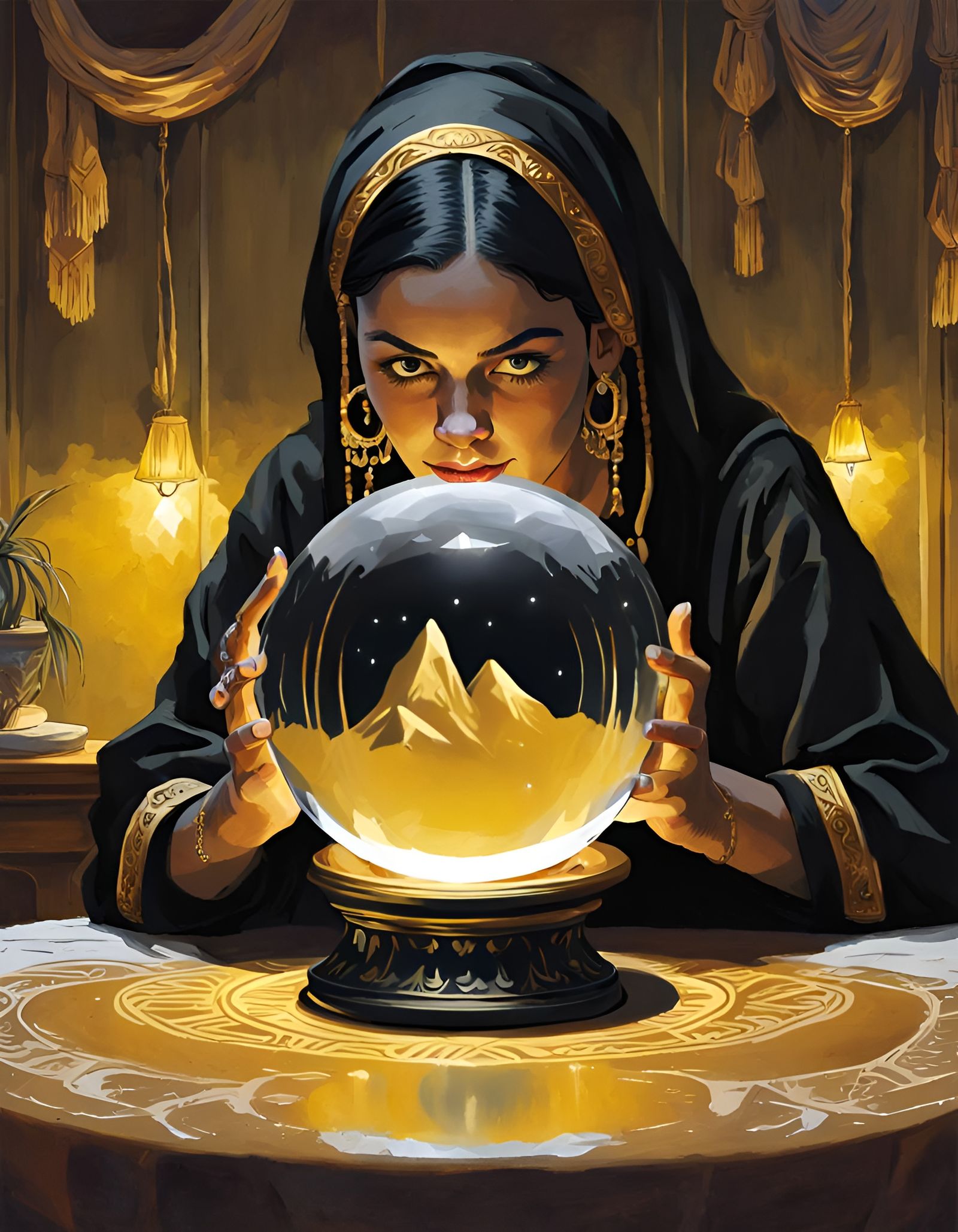 Hyperrealistic Gypsy Fortune Teller with Crystal Ball
