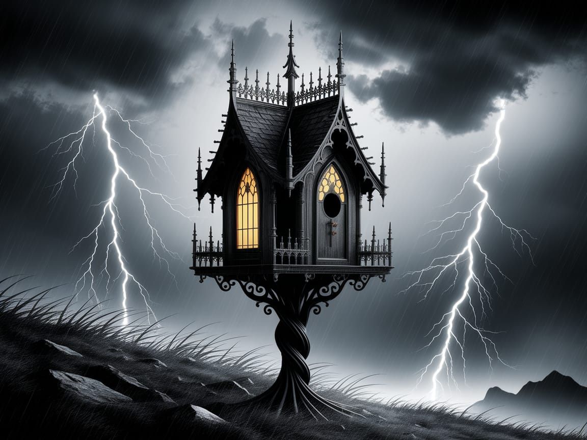 Gothic Birdhouse Silhouetted Against Stormy Sky