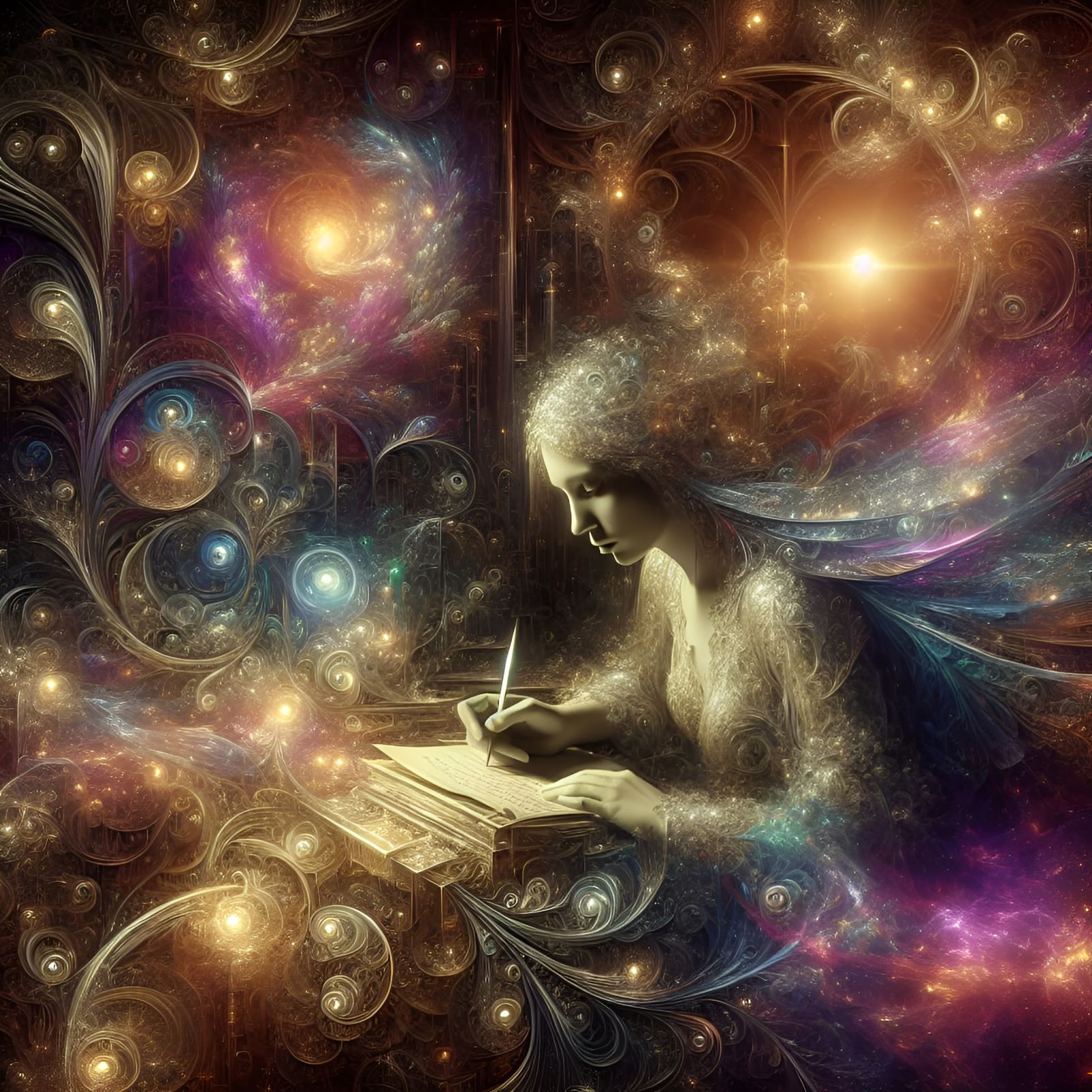 Woman writing, Emilie Autumn, metallic, shadowy, by Anne Bachelier :: floating wispy glittering, ethereal, Filigree, bro...