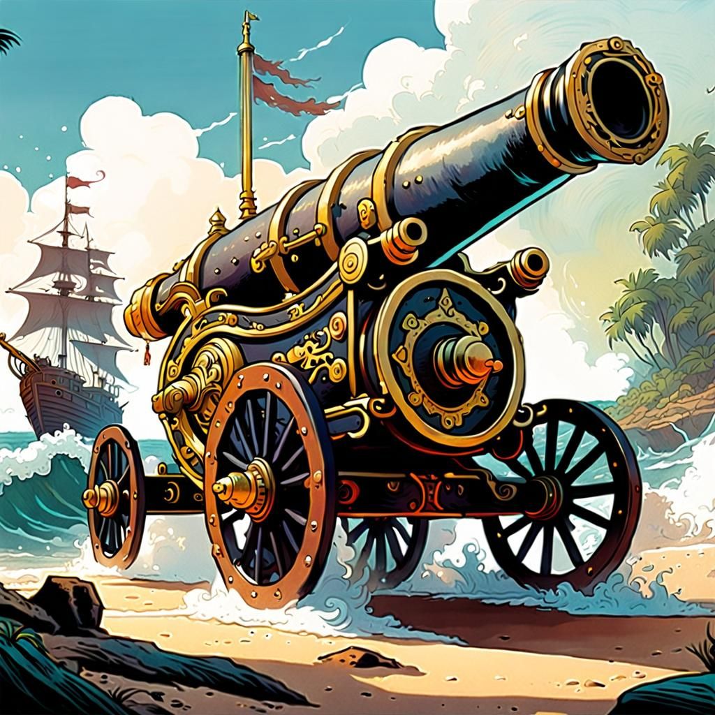 18th Century Pirate Cannon in Watercolor Comic Style