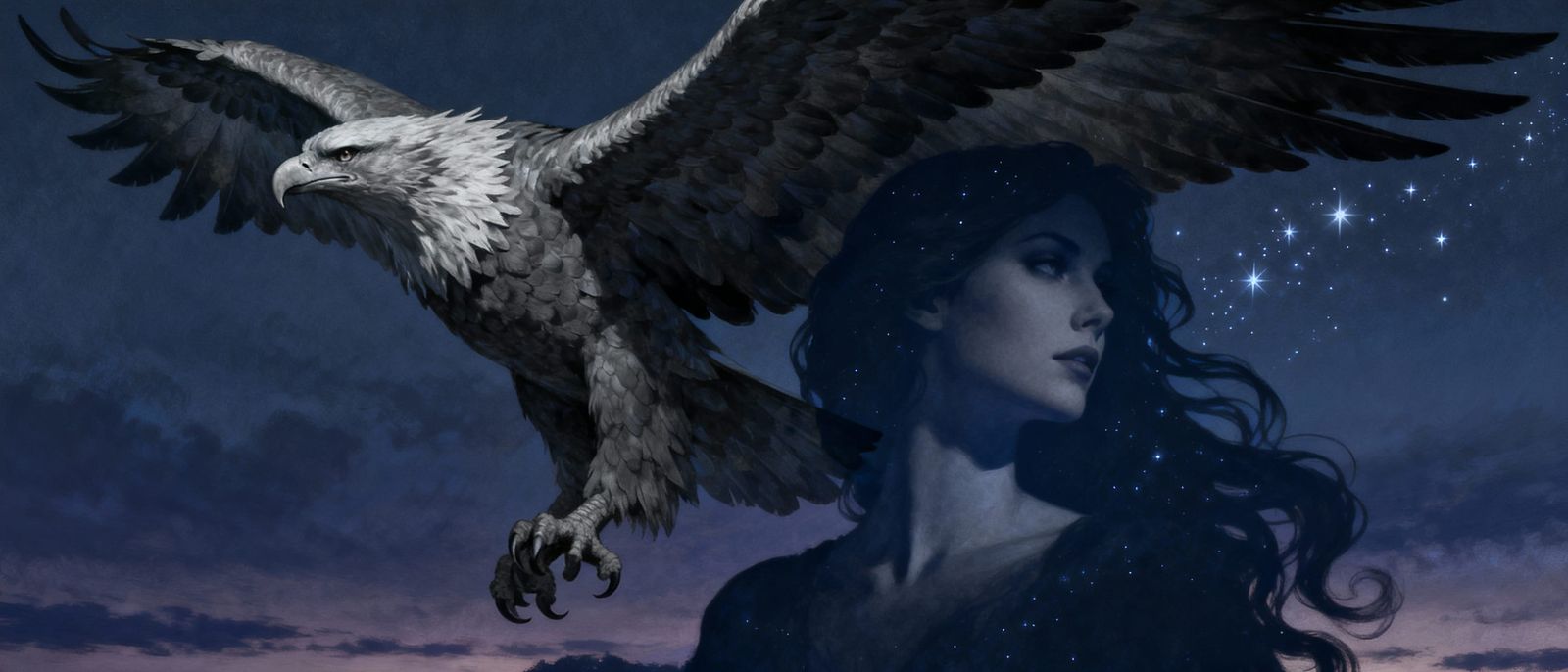 Fantasy Double Exposure: Griffin and Woman Silhouette