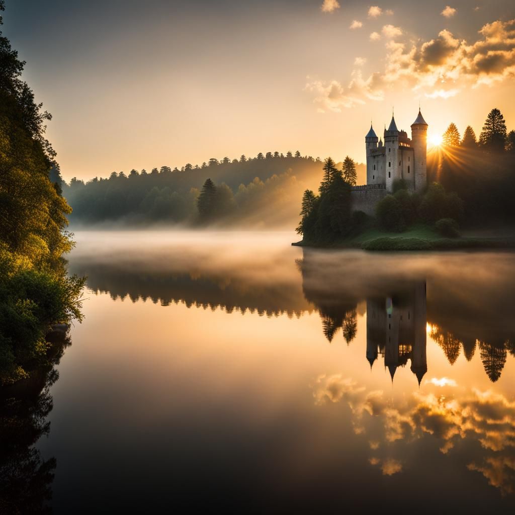 Misty Castle Landscape with Crepuscular Rays