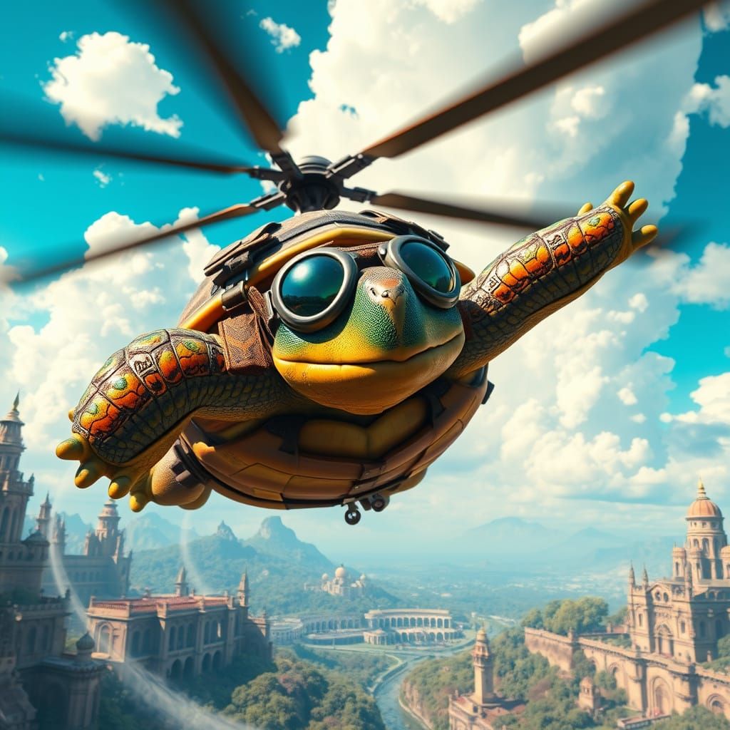 Fearless Turtle Soars Through a Vibrant, Mystical Landscape