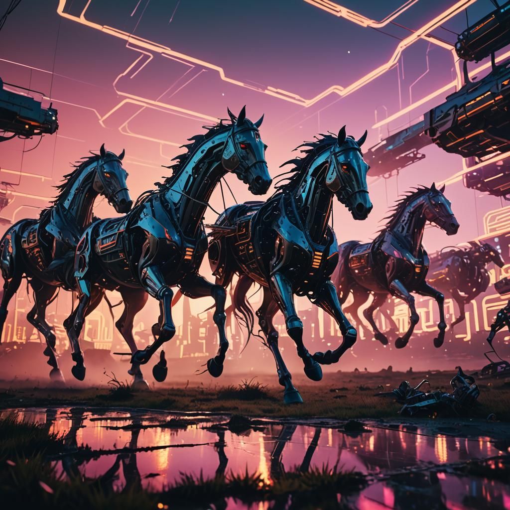 Cyberpunk Horses Running in Futuristic Field