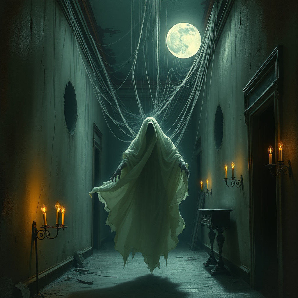 Ethereal Ghost in Abandoned Mansion, Gothic Illustration