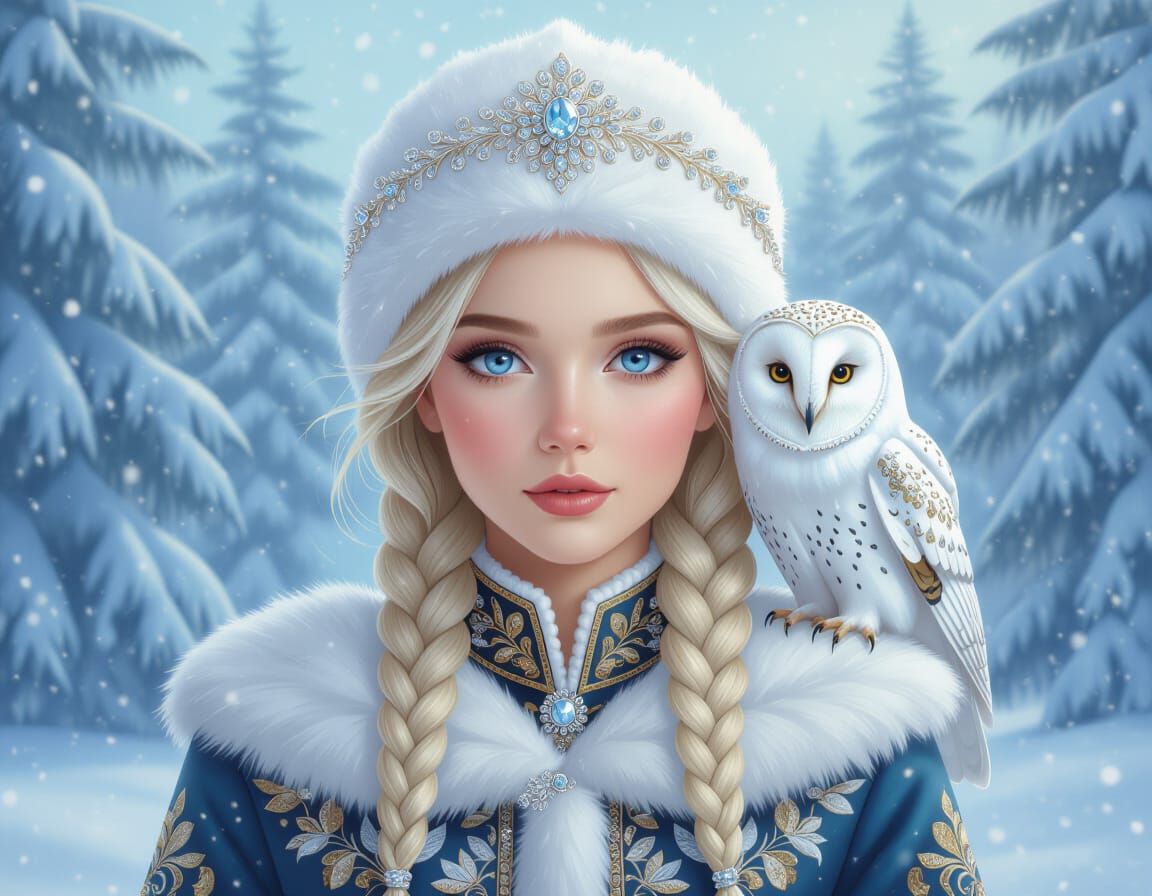A magical winter scene featuring a beautiful Snow Maiden, he...