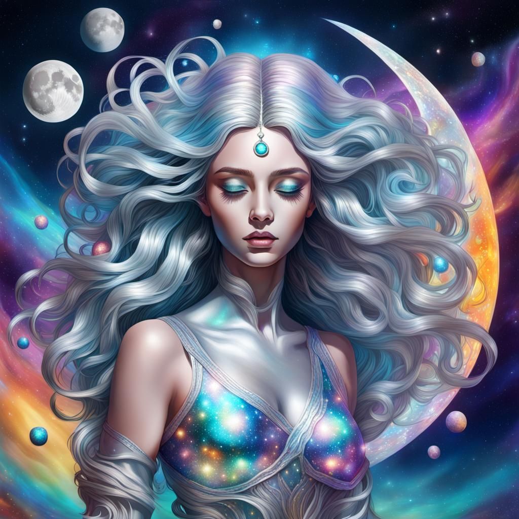 Holographic Moon Goddess with Silver Skin