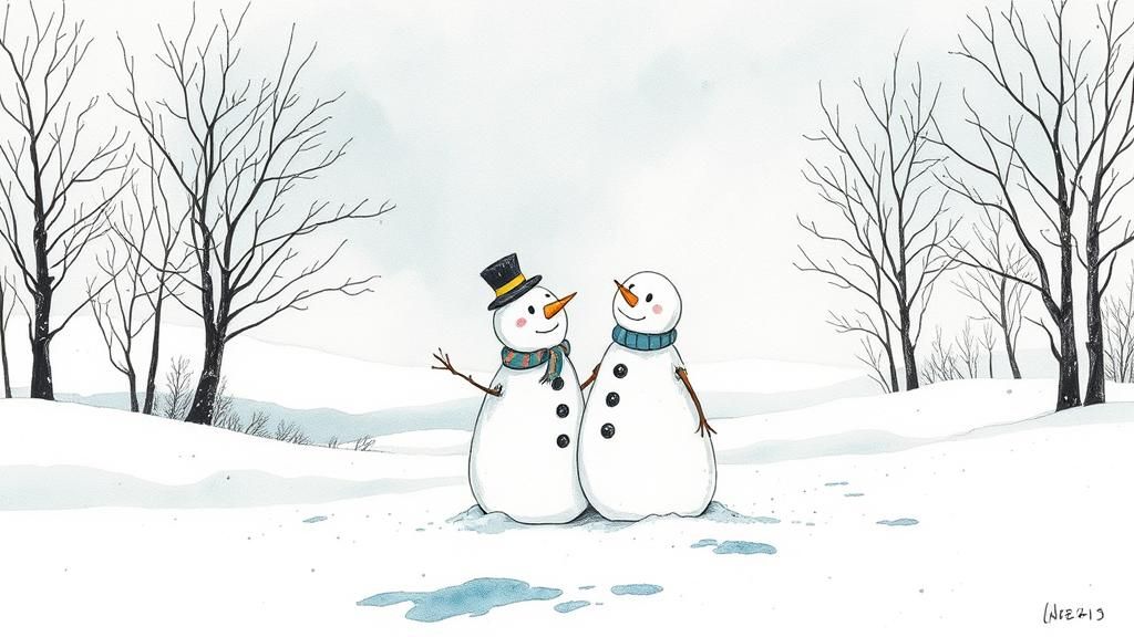 Snowmen in Winter Landscape, Ink and Watercolor Illustration