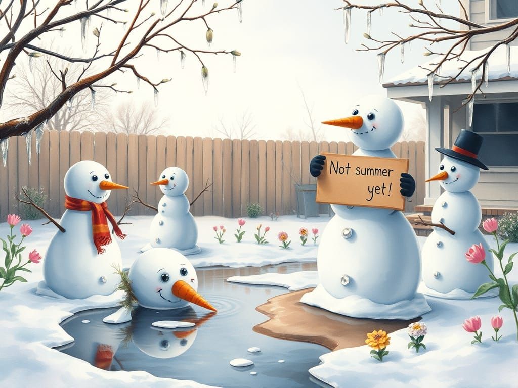 Melting Snowmen's Spring Farewell: A Surreal Garden Scene