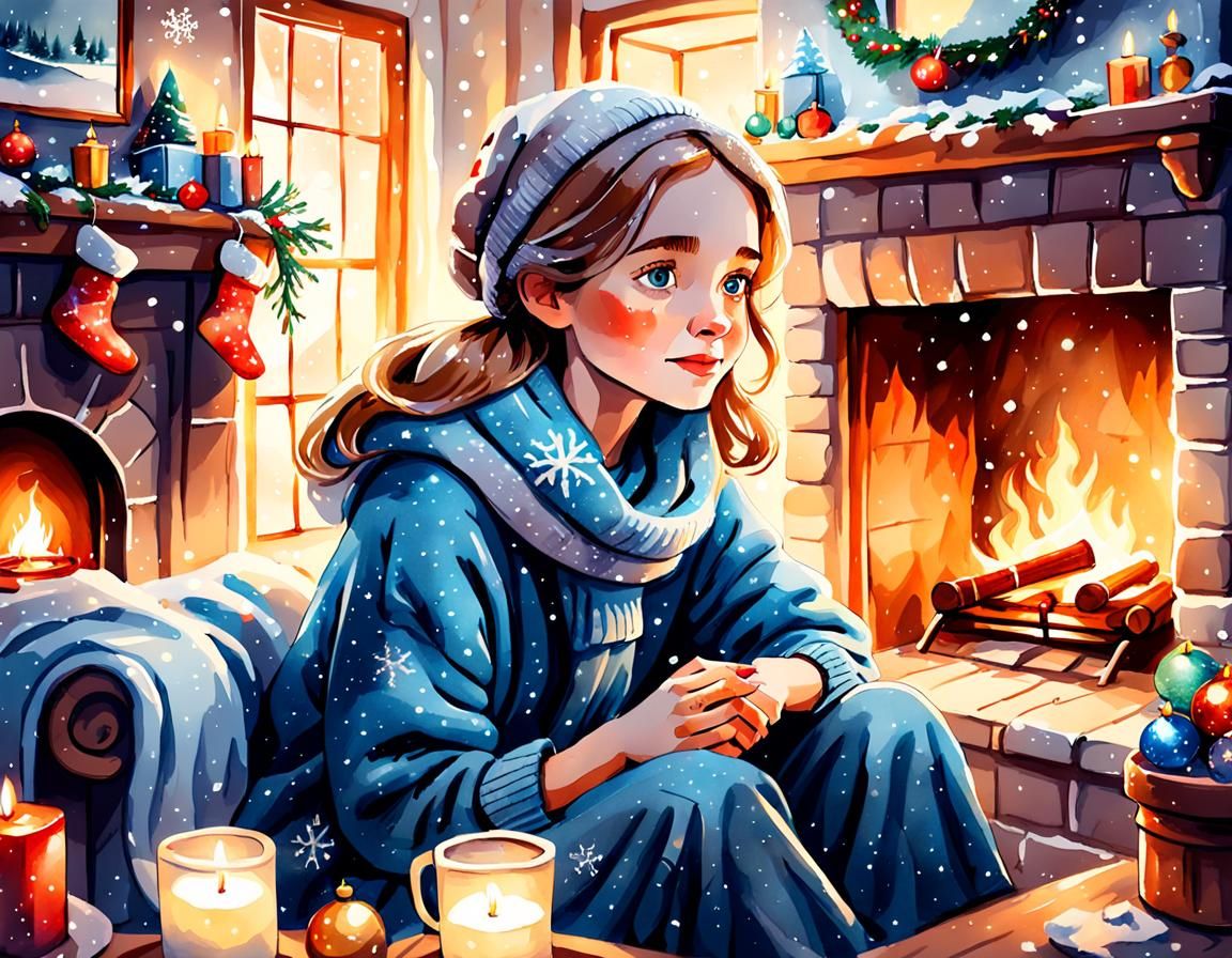 Cozy Christmas Fireplace Watercolor Sketch