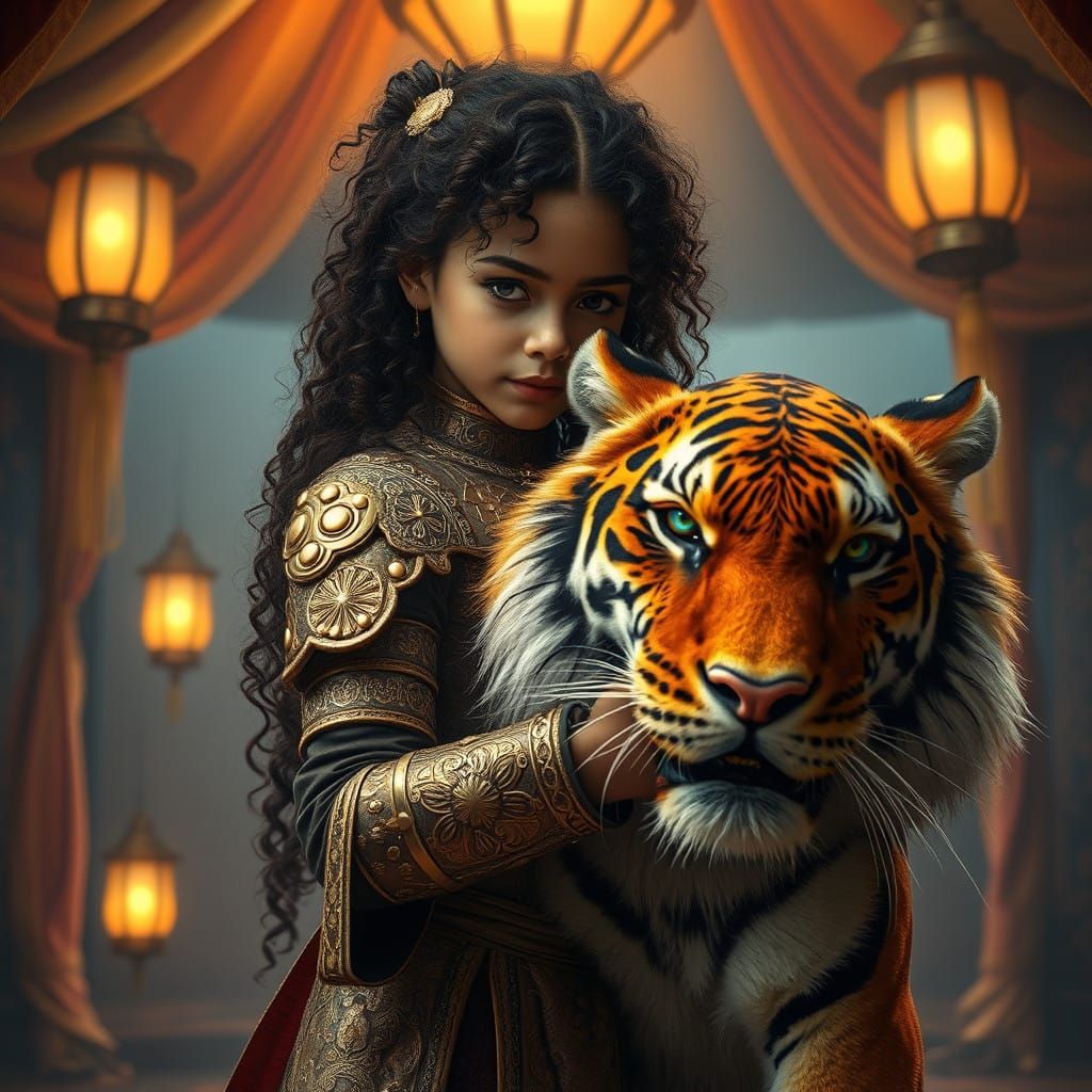 Girl in Armor Embracing a Tiger in an Oriental Tent