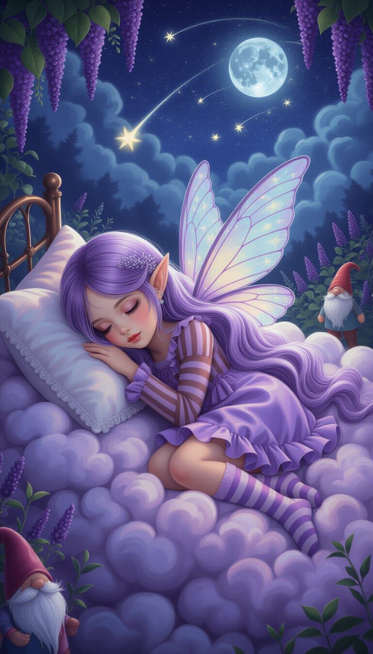 Tiny Fairy Girl Sleeping on Lilac Clouds
