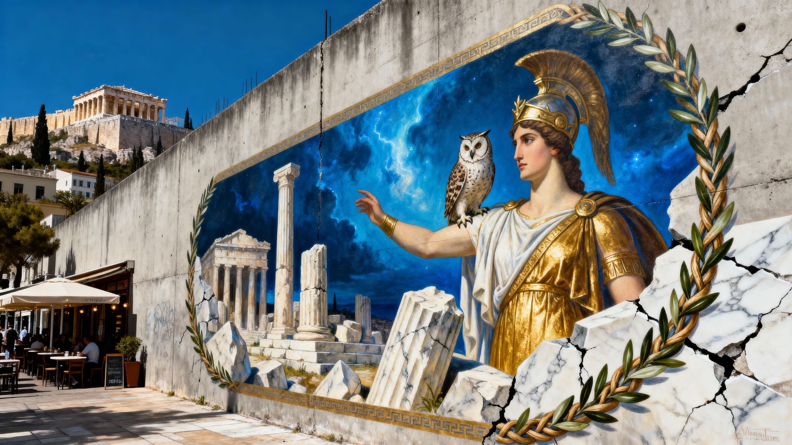 Athena Mural on Concrete Wall in Athens