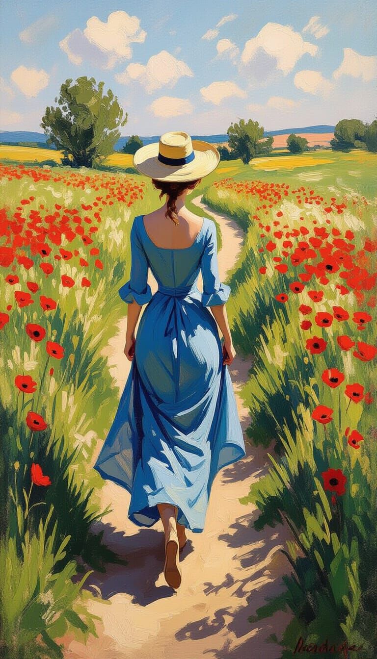 Woman in Poppies Field: Impressionist Style
