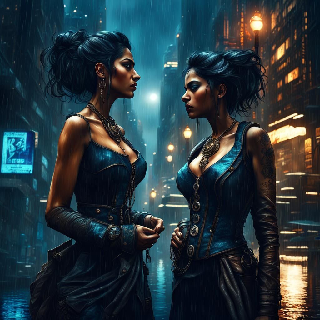 Noir Steampunk Cityscape with Indian Women