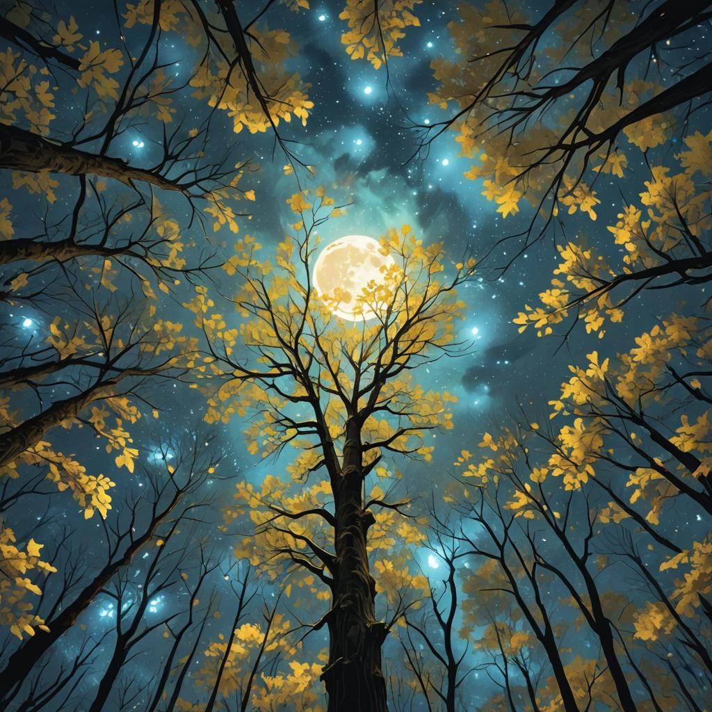 Full Moon Through Forest Trees in Impressionism Style