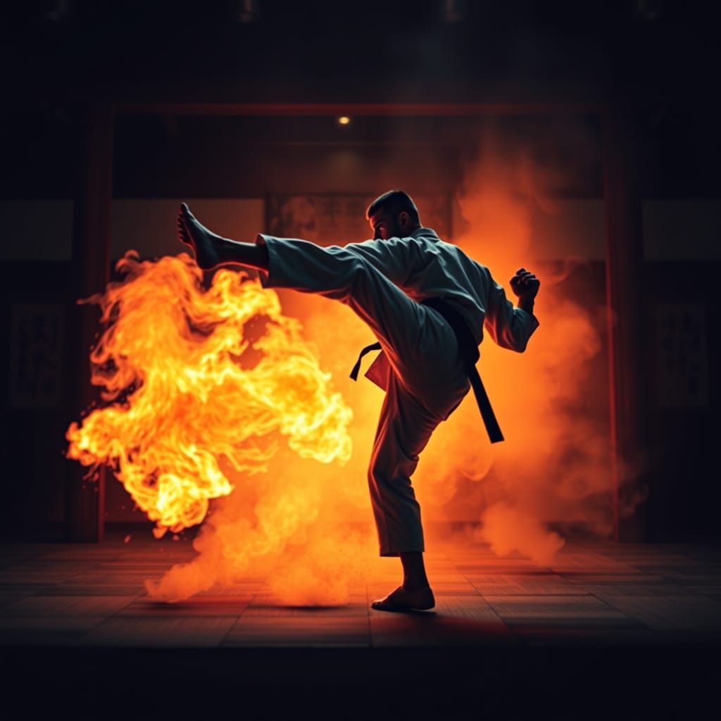 Dynamic Martial Artist Mid-Kick in Dojo Setting