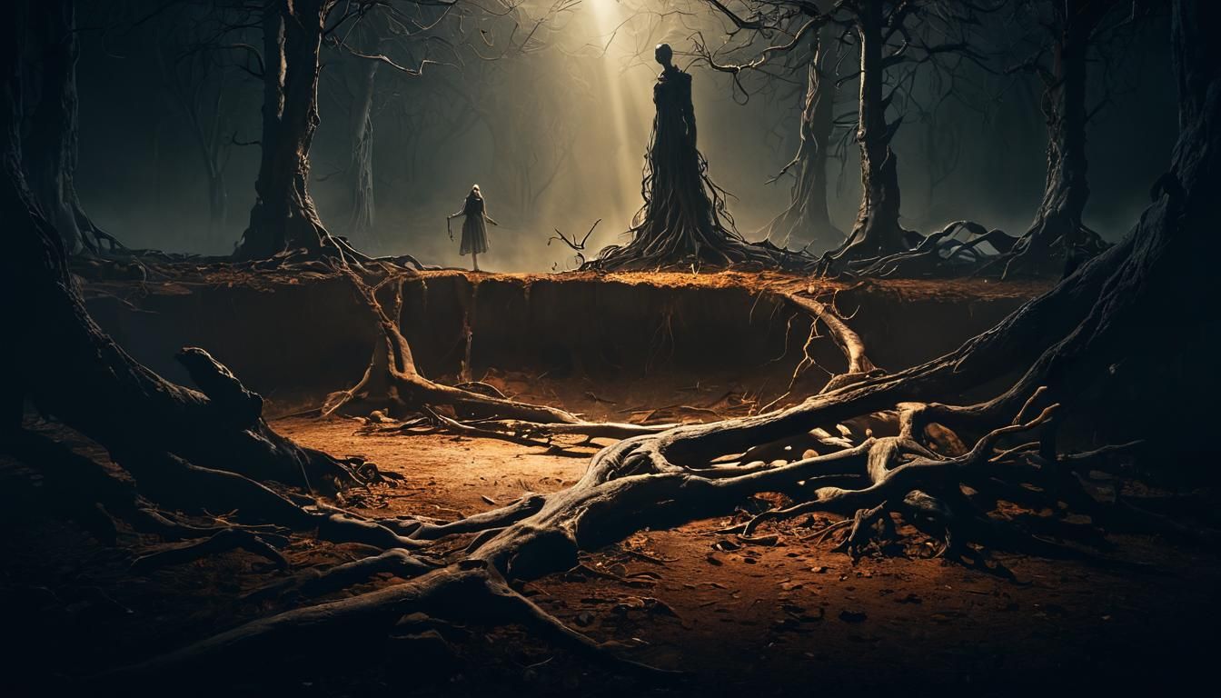 Ominous Figure in Ancient Forest: Dark Surrealism