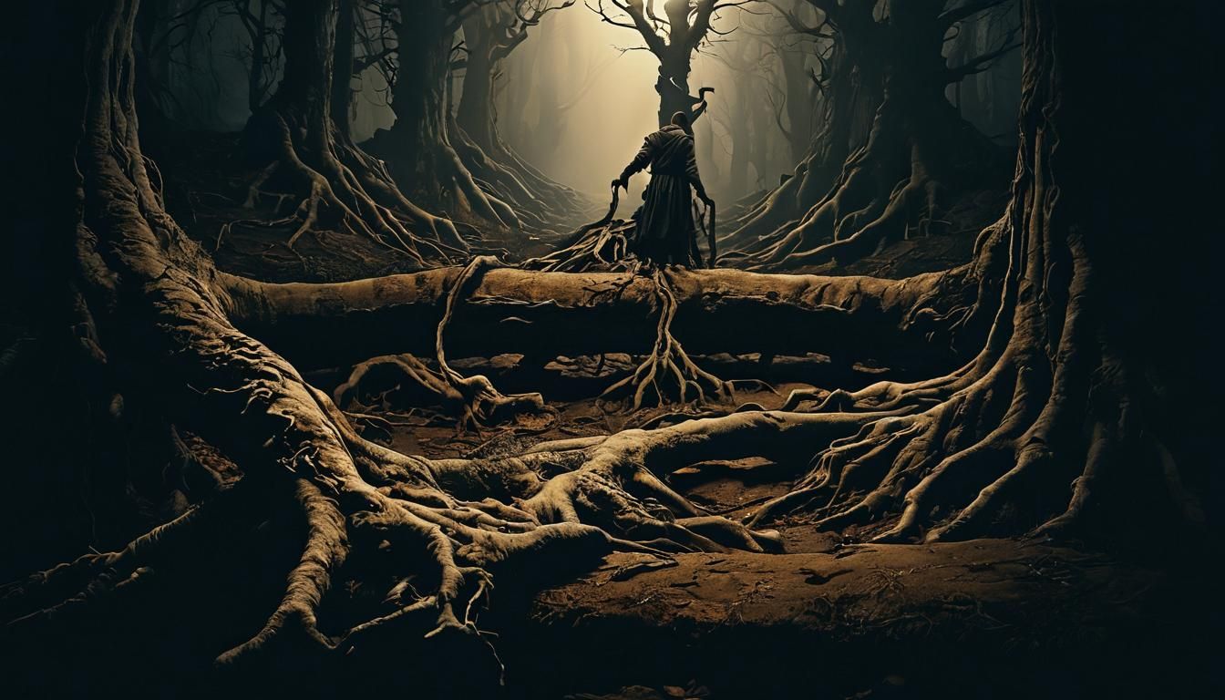 Dark Surrealism: Solitary Figure in Forest