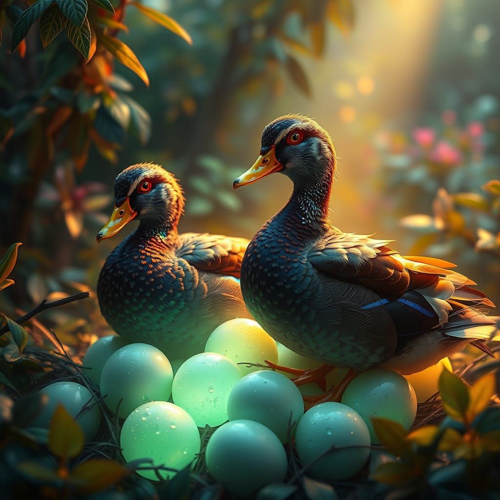 Muscovy Ducks in a Fantastical Garden